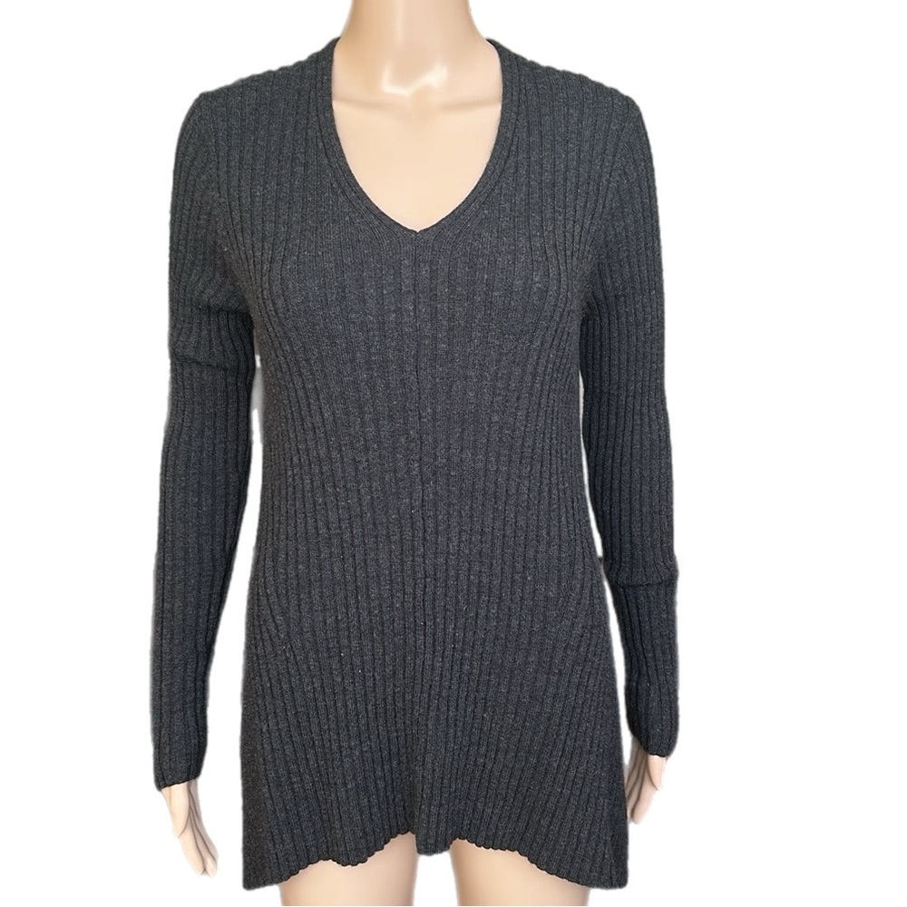 Eileen Fisher Gray Merino Wool Ribbed Knit V-Neck Sweater Size XS / 2-4
